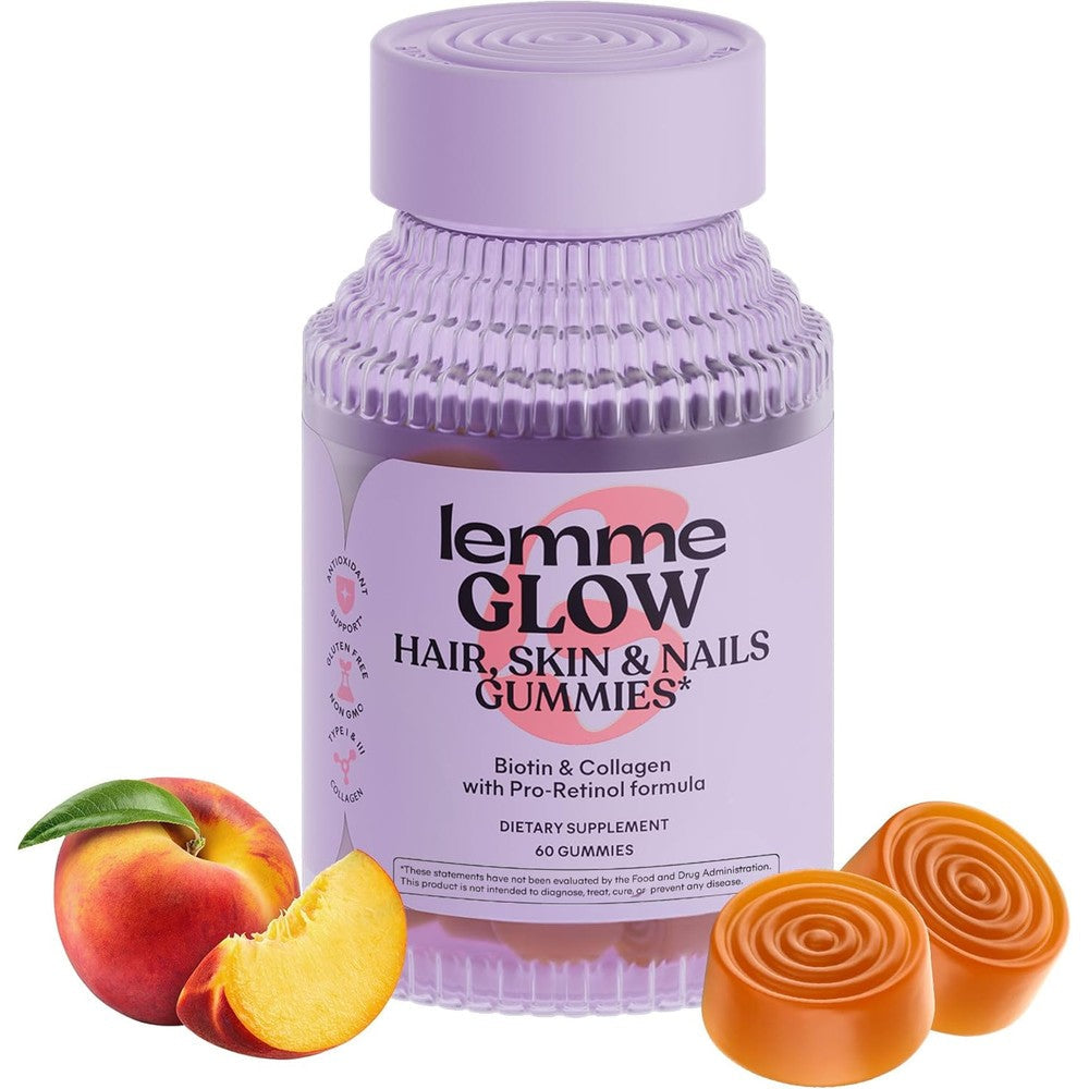 Lemme Glow Collagen Gummies front view of the premium sixty count peach flavor bottle