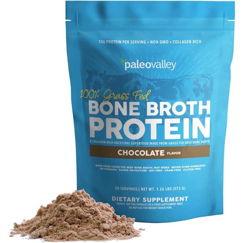 Paleovalley Grass Fed Beef Bone Broth Protein Powder Chocolate flavor front view packaging