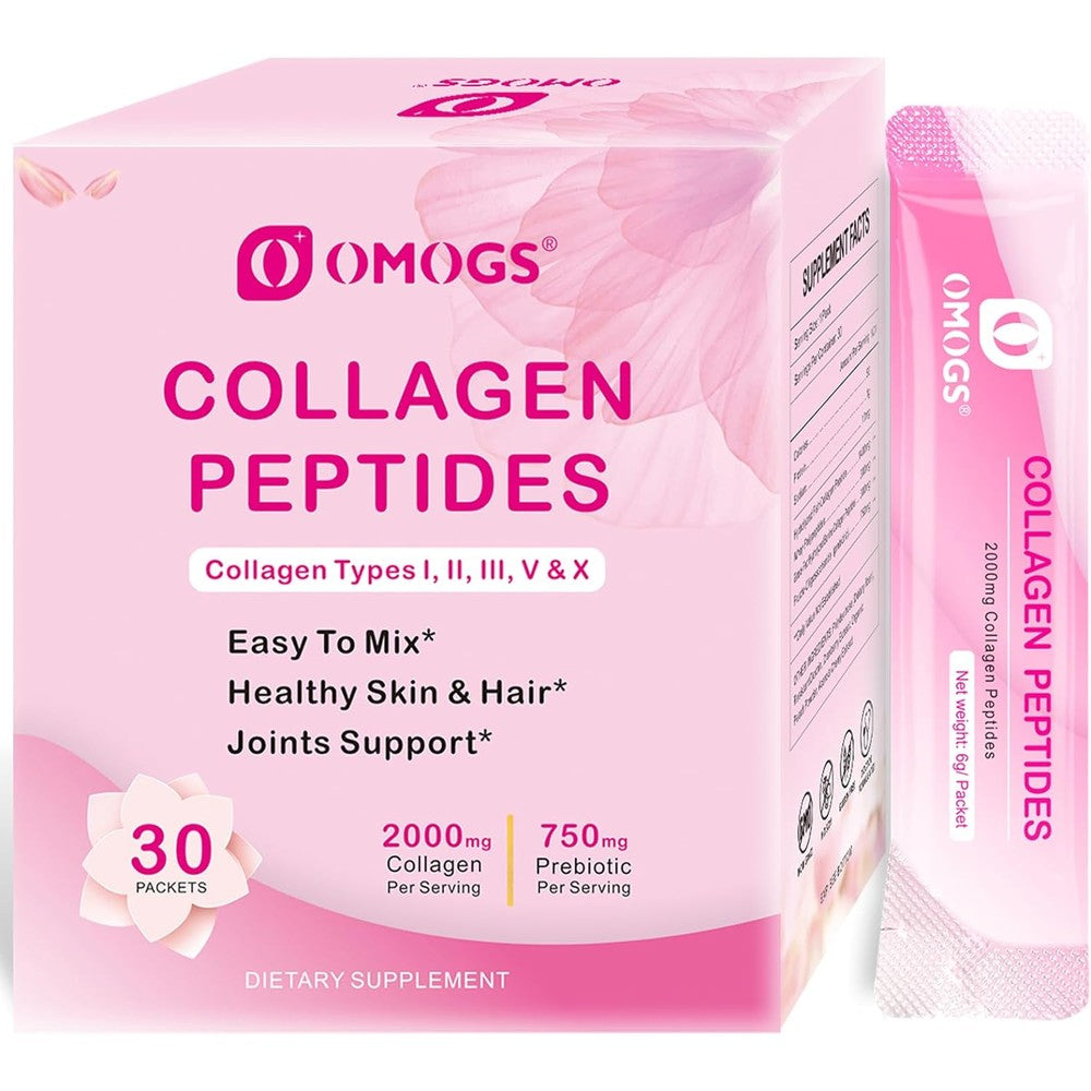 OMOGS Multi Collagen Peptides Powder pink box packaging front view showing 30 individual packets.