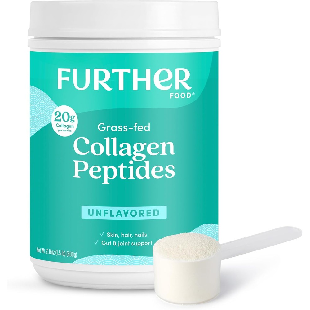 Further Food Grass Fed Collagen Peptides unflavored powder 21.16 ounce front view showing clean formula packaging.