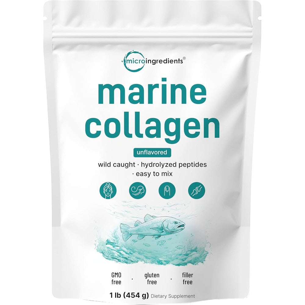 Micro Ingredients Marine Collagen Peptides Powder front view pouch for anti aging skin care.