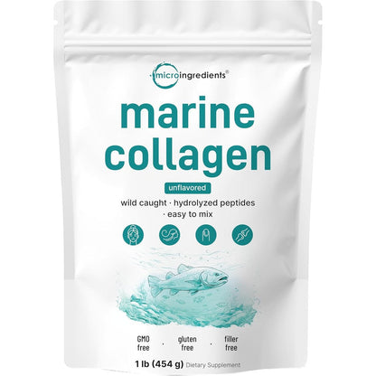 Micro Ingredients Marine Collagen Peptides Powder front view pouch for anti aging skin care.