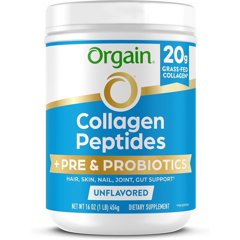 Orgain Collagen Peptides Prebiotic and Probiotics unflavored powder one pound container front view