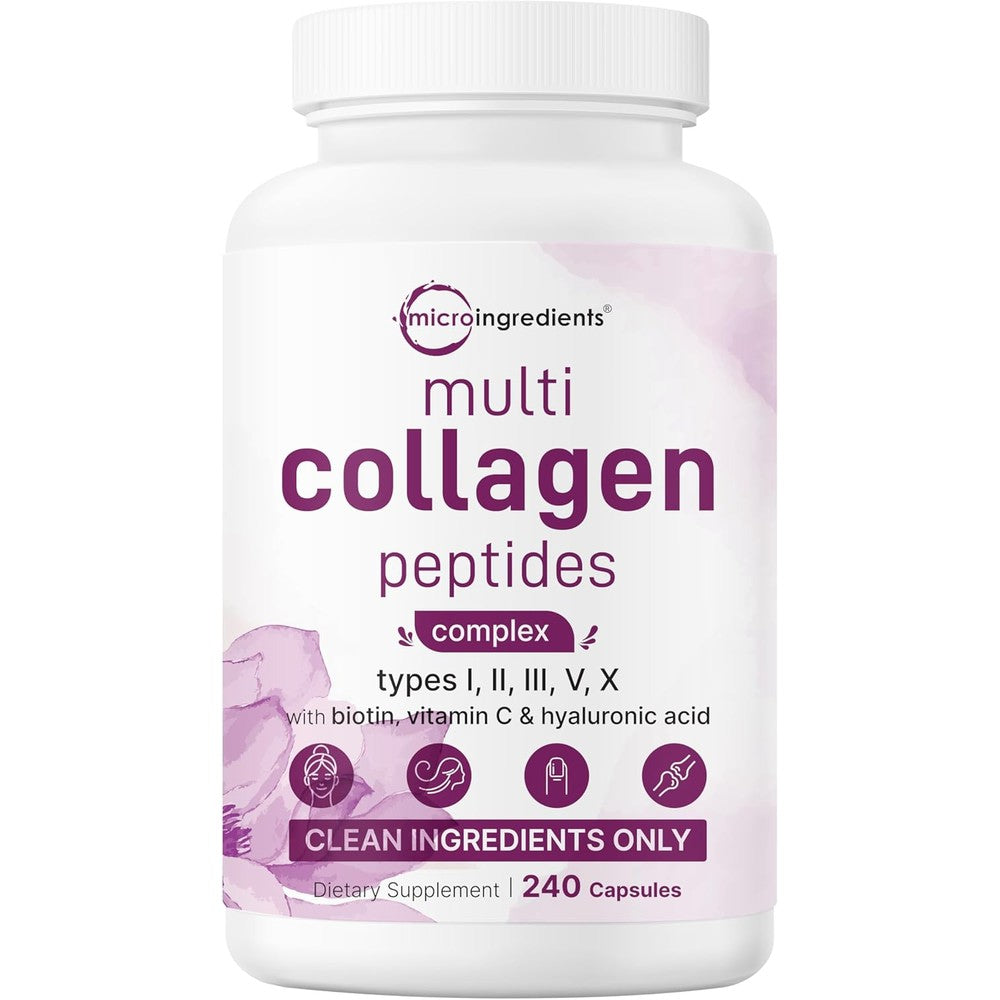 Micro Ingredients Multi Collagen 240 Capsules front view showing product packaging and key ingredients.