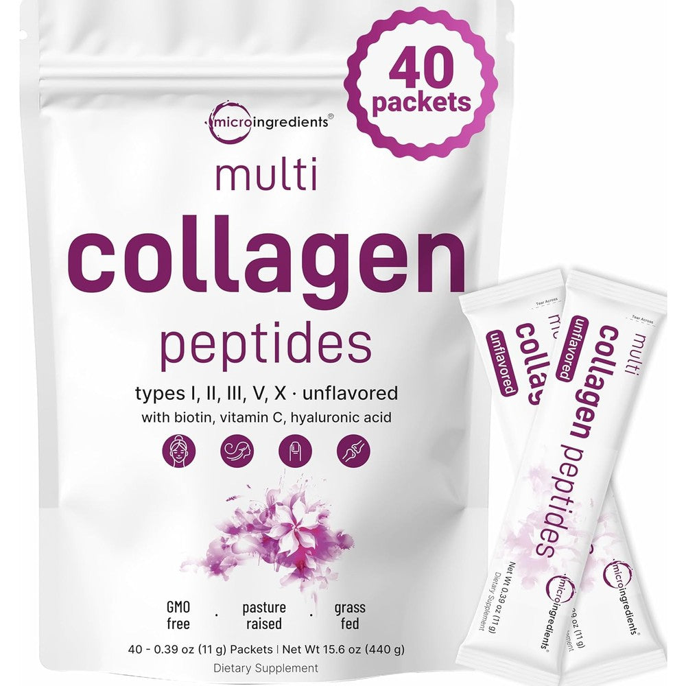 Micro Ingredients Multi Collagen Peptides Powder front view of forty stick packs packaging for anti aging support.