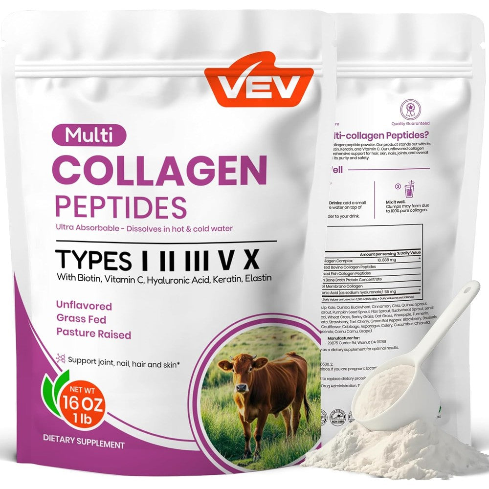 VEV Multi Collagen Peptides Powder front view of container showcasing skin and joint support benefits
