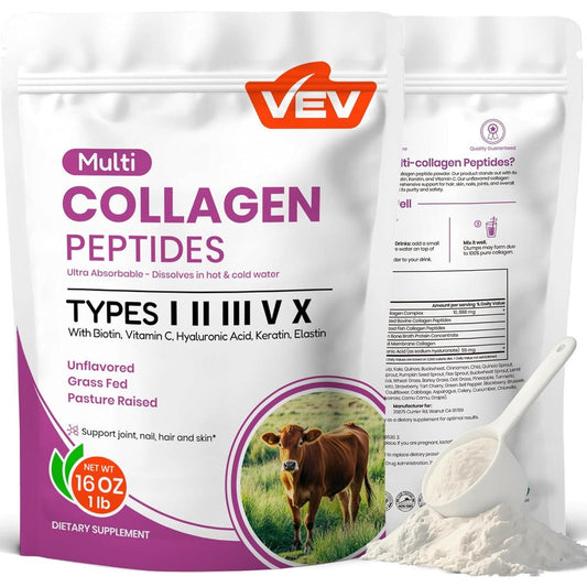 VEV Multi Collagen Peptides Powder front view of container showcasing skin and joint support benefits