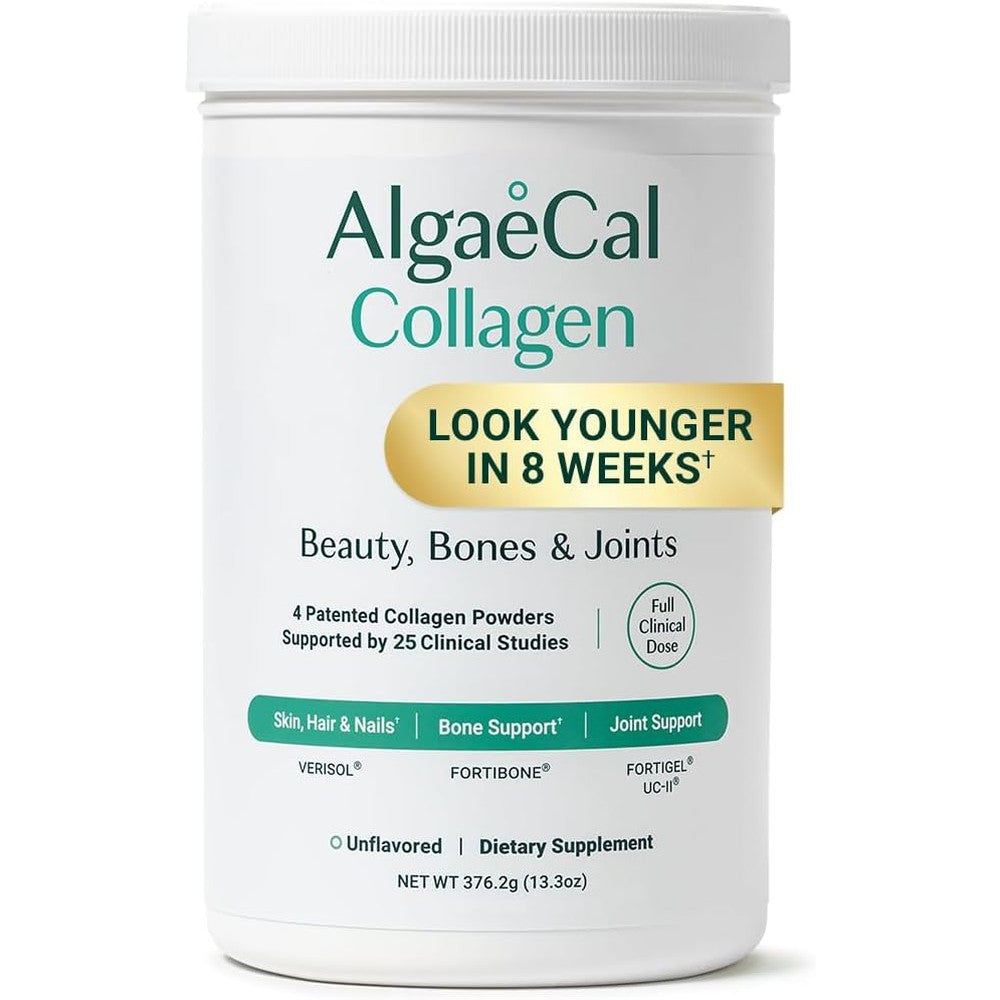 AlgaeCal Clinically Supported Collagen Peptides Powder front view container showing four in one formula benefits