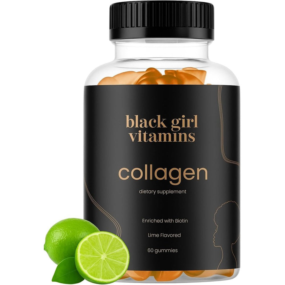 Black Girl Vitamins Collagen Gummies front bottle view showcasing lime flavor dietary supplement.