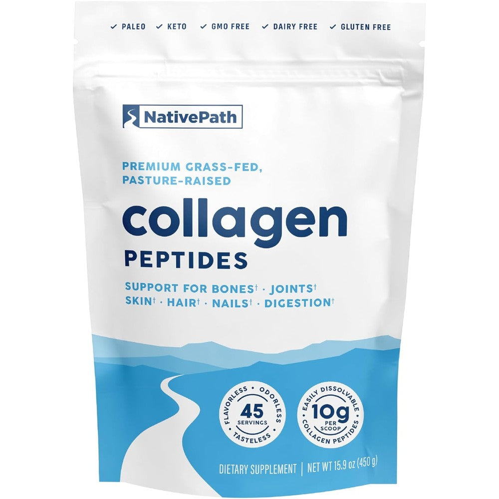 NativePath Collagen Peptides 15.9 Ounce front packaging view showing grass-fed bovine protein benefits
