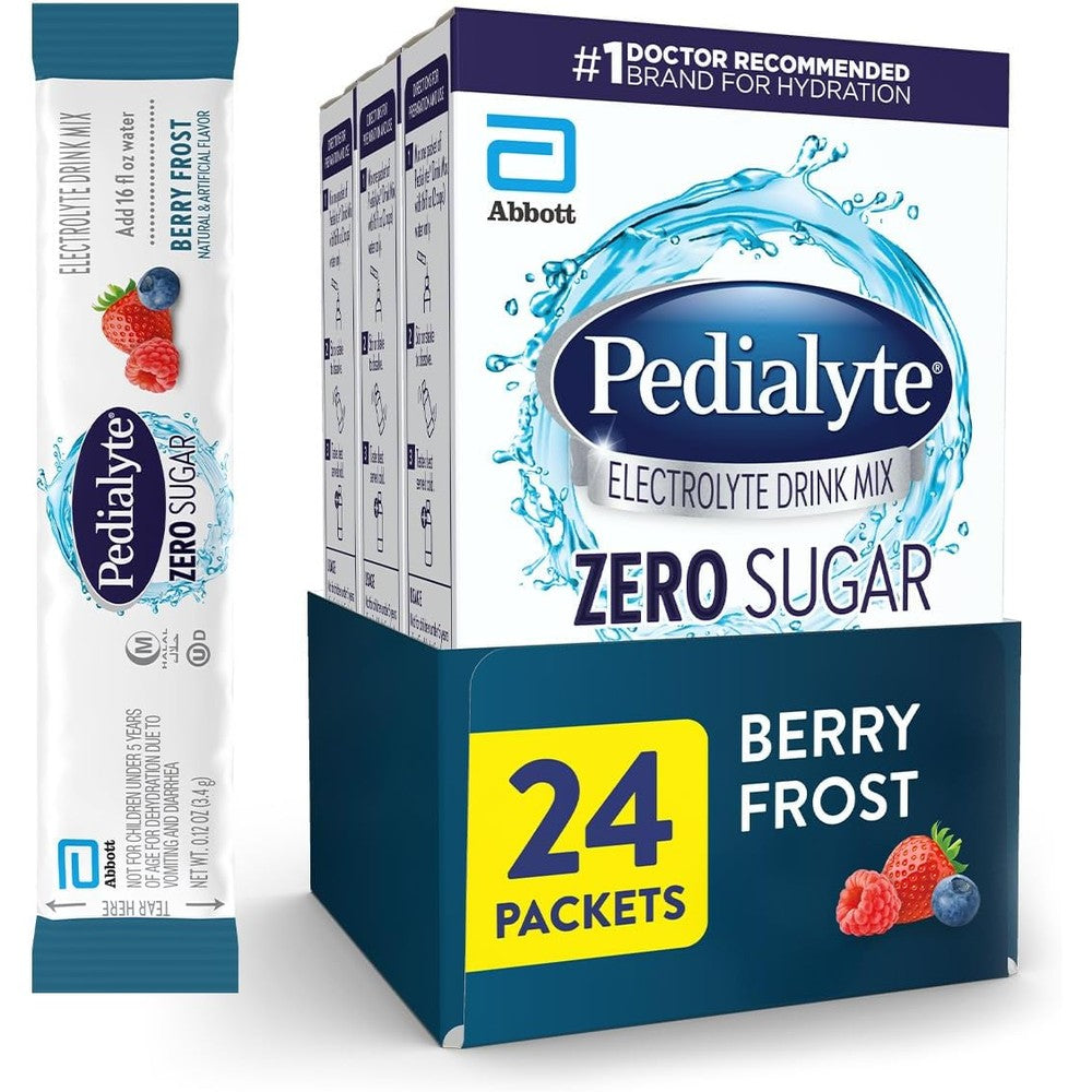 Pedialyte Zero Sugar Electrolyte Drink Mix Berry Frost 24 packets box front view