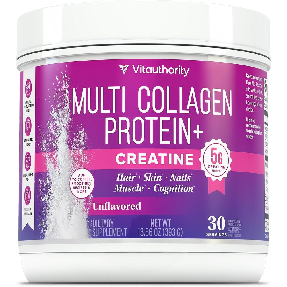 Vitauthority Multi Collagen Protein plus Creatine Unflavored Powder front view container showing purple label.