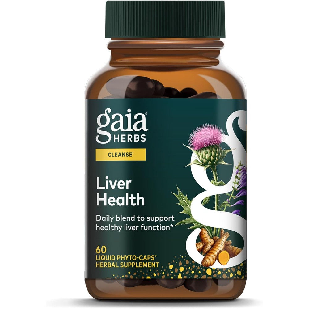 Gaia Herbs Liver Health 60 vegan liquid phyto capsules bottle front view for daily detox support.