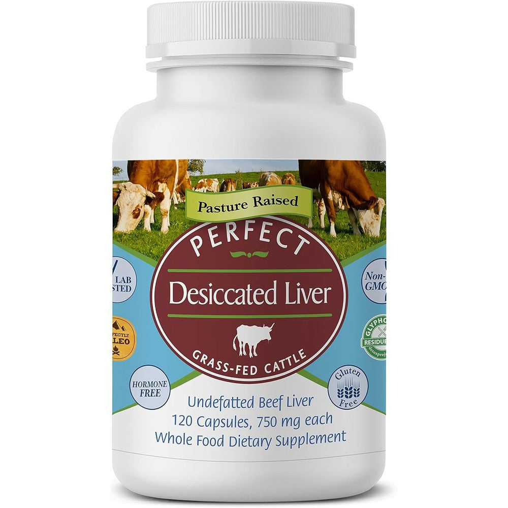 Perfect Supplements Grass Fed Desiccated Beef Liver 120 Capsules front view packaging
