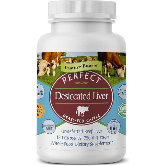 Perfect Supplements Grass Fed Desiccated Beef Liver 120 Capsules front view packaging