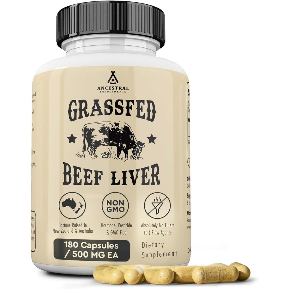 Ancestral Supplements Grass Fed Beef Liver 180 Capsules front view bottle pack