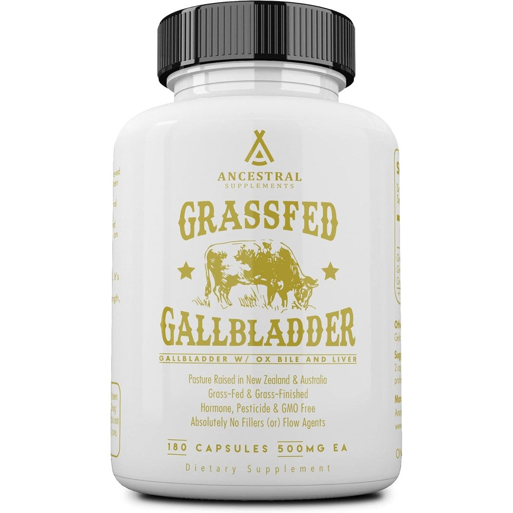 Ancestral Supplements Grass Fed Beef Gallbladder front view bottle for digestive health.