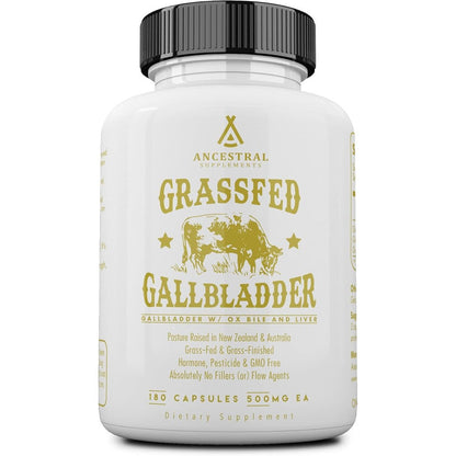 Ancestral Supplements Grass Fed Beef Gallbladder front view bottle for digestive health.