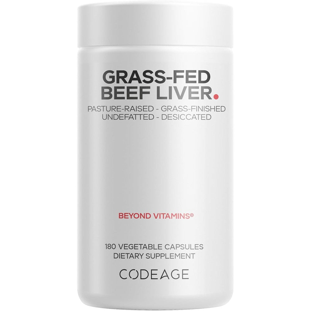 Codeage Grass Fed Beef Liver 180 Capsules front view of the premium white supplement bottle