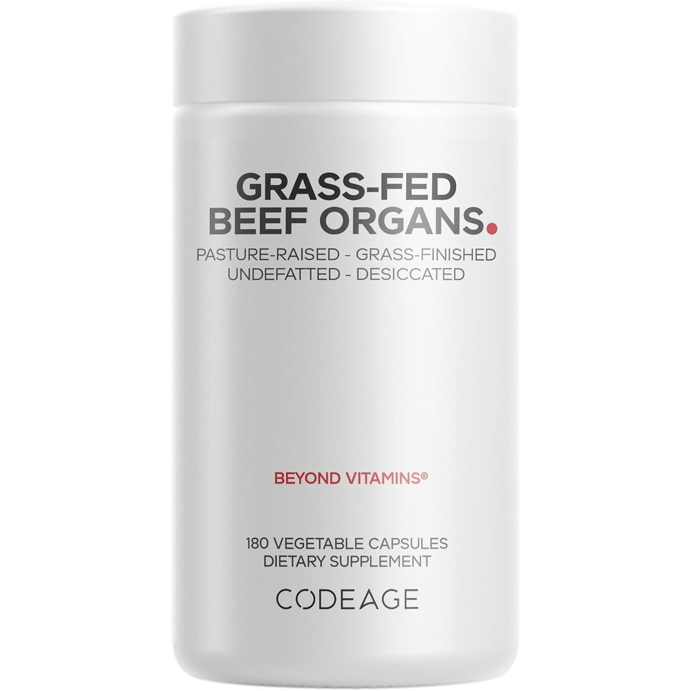 Codeage Grass Fed Beef Organs 180 Capsules front view showing product label and brand name.