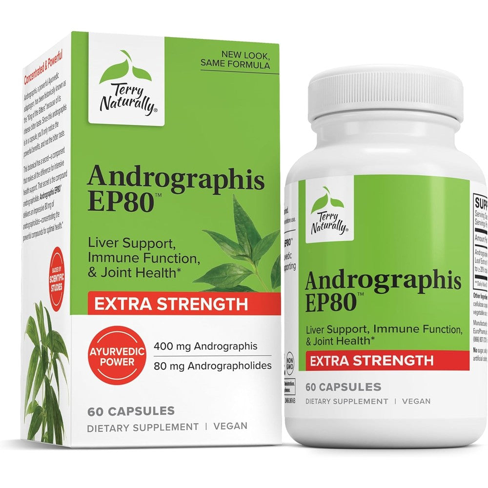 Terry Naturally Andrographis EP80 Extra Strength 60 Capsules front label showing immune and brain support benefits.