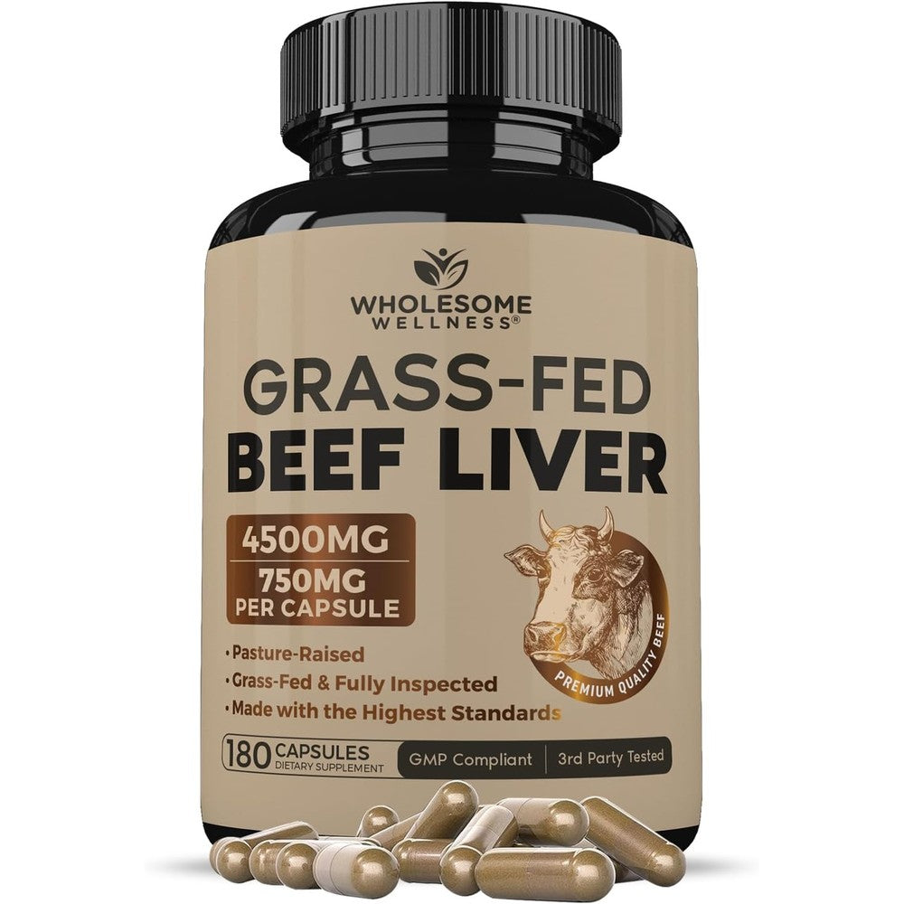 Wholesome Wellness Grass Fed Beef Liver 180 Capsules front view showcasing dietary supplement bottle packaging.