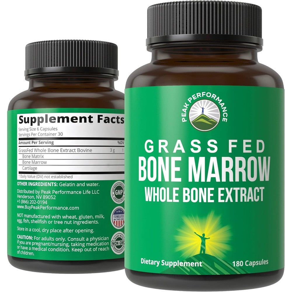 Peak Performance Grass Fed Bone Marrow supplement bottle front view showcasing product label