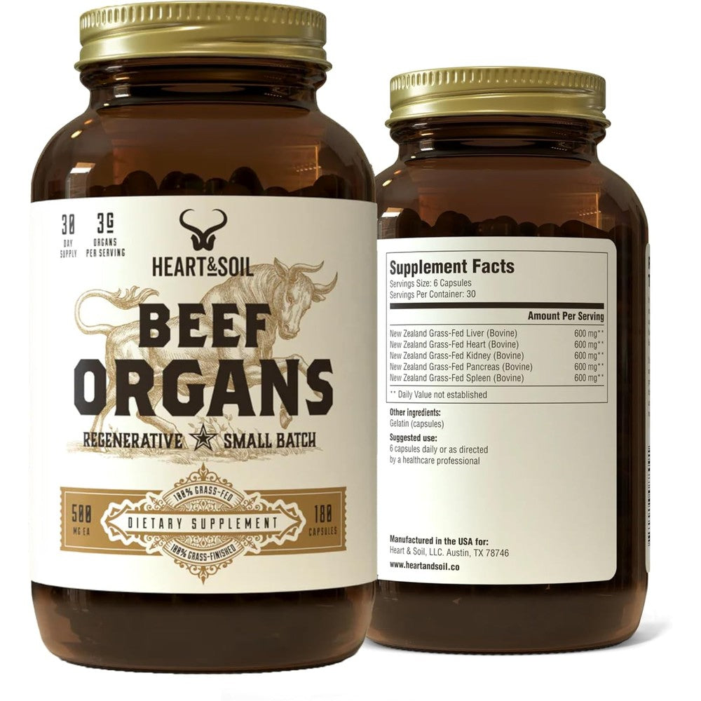 Heart and Soil Beef Organs supplement bottle front view showing the product label.