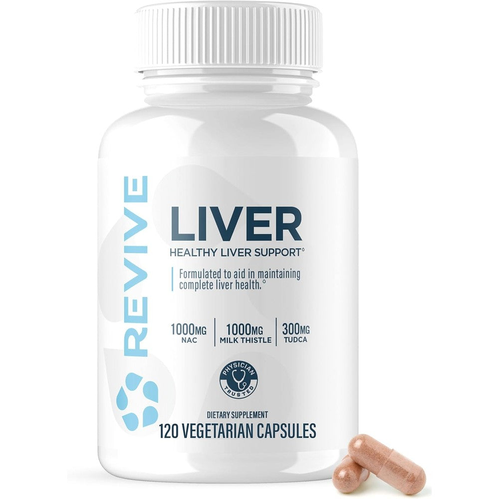 Revive MD Natural Liver Support Formula 120 Capsules front view bottle showing ingredients list