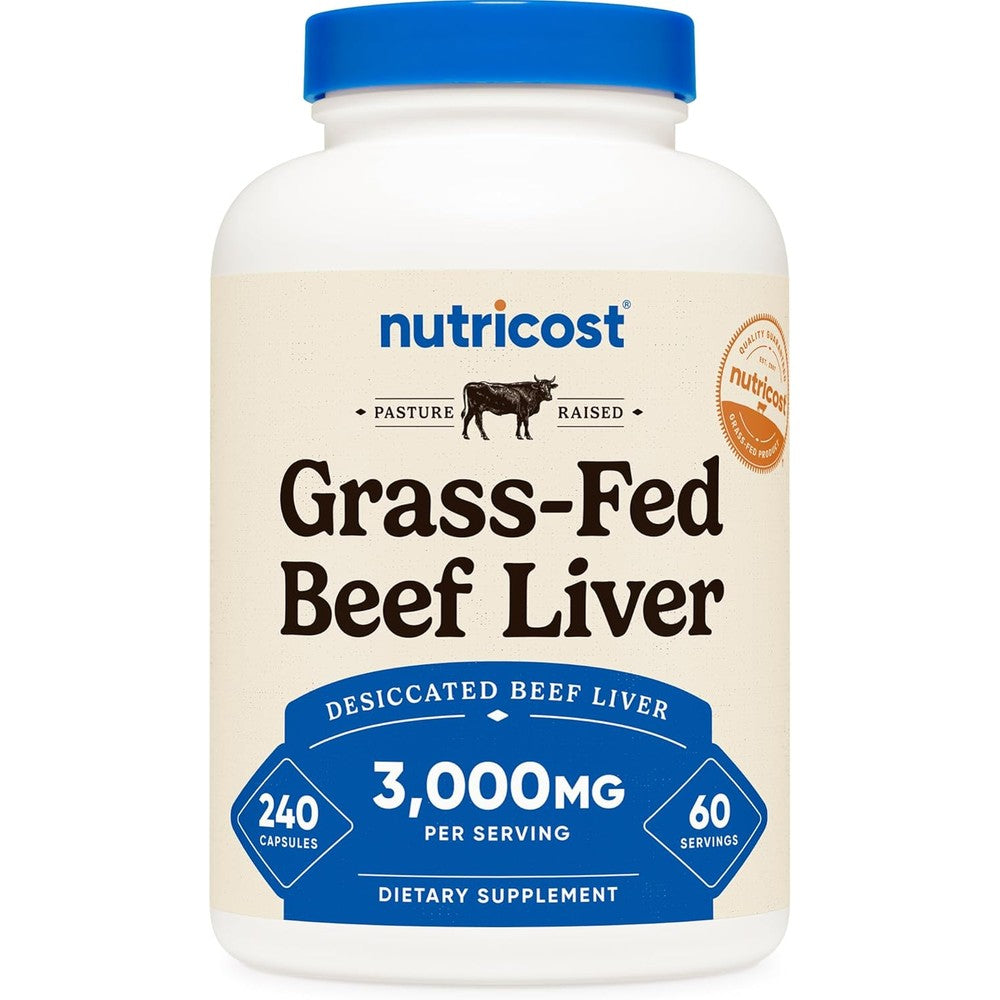 Nutricost Grass Fed Desiccated Beef Liver 240 capsules front bottle view showing supplement facts.
