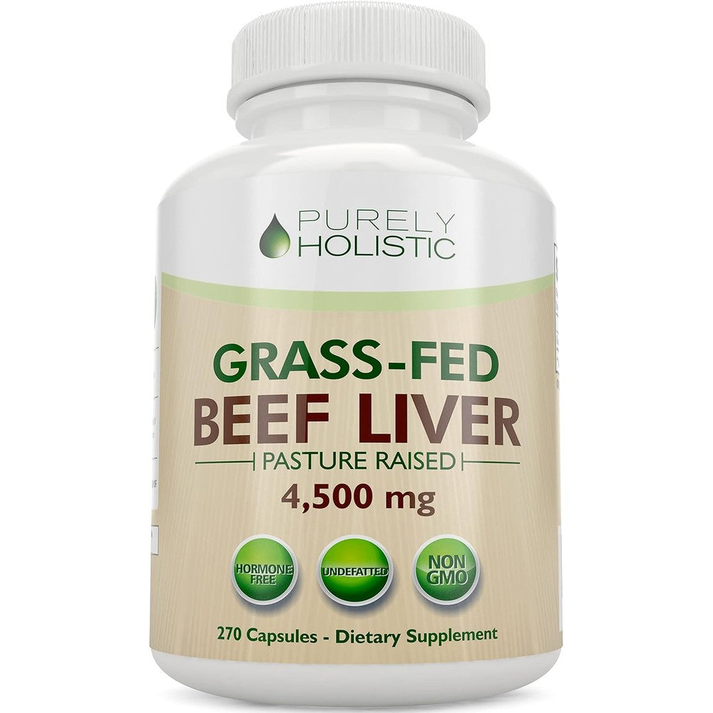 Purely Holistic Grass Fed Beef Liver supplement bottle front view containing 270 capsules.