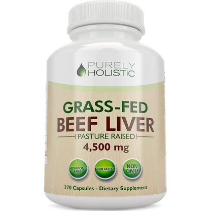 Purely Holistic Grass Fed Beef Liver supplement bottle front view containing 270 capsules.