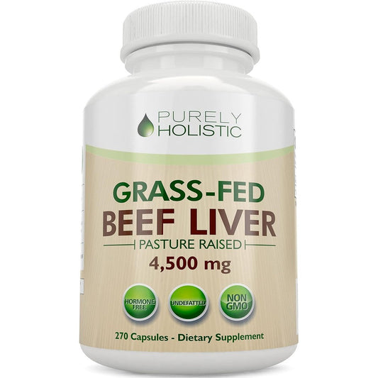 Purely Holistic Grass Fed Beef Liver supplement bottle front view containing 270 capsules.