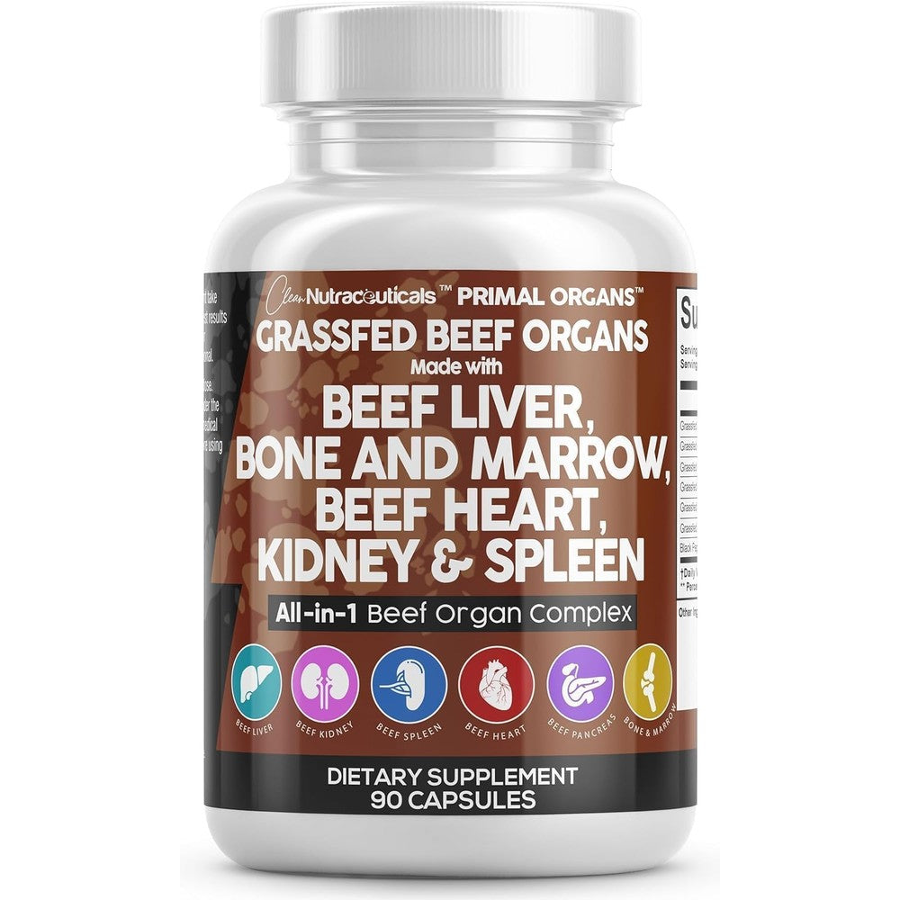 Clean Nutraceuticals Grass Fed Beef Organs Complex 90 capsules front view showing premium organ blend supplement bottle.