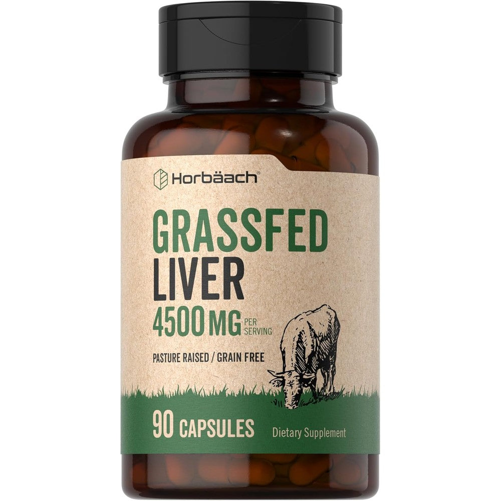 Horbaach grass fed beef liver 4500mg 90 capsules front packaging view