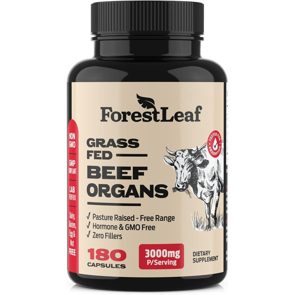 ForestLeaf Grass Fed Beef Organ Complex 180 capsules front view showing ancestral nutrition supplement bottle.