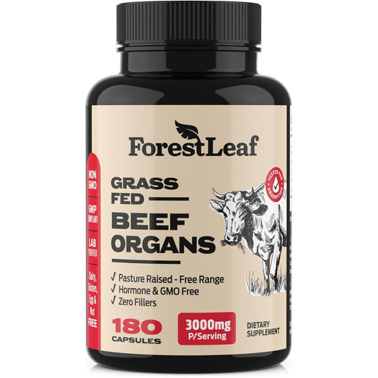 ForestLeaf Grass Fed Beef Organ Complex 180 capsules front view showing ancestral nutrition supplement bottle.