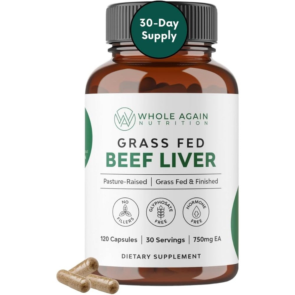 Whole Again Nutrition Grass Fed Beef Liver 120 capsules front view bottle showing energy support benefits.