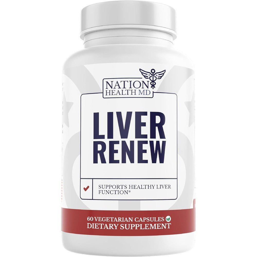 Nation Health MD Liver Renew 60 vegetarian capsules front bottle view for liver cleanse detox