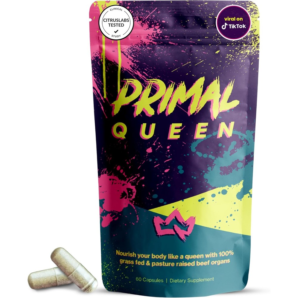 Primal Queen Female Optimized Beef Organ Superfood 60 Capsules pouch front view showing product branding