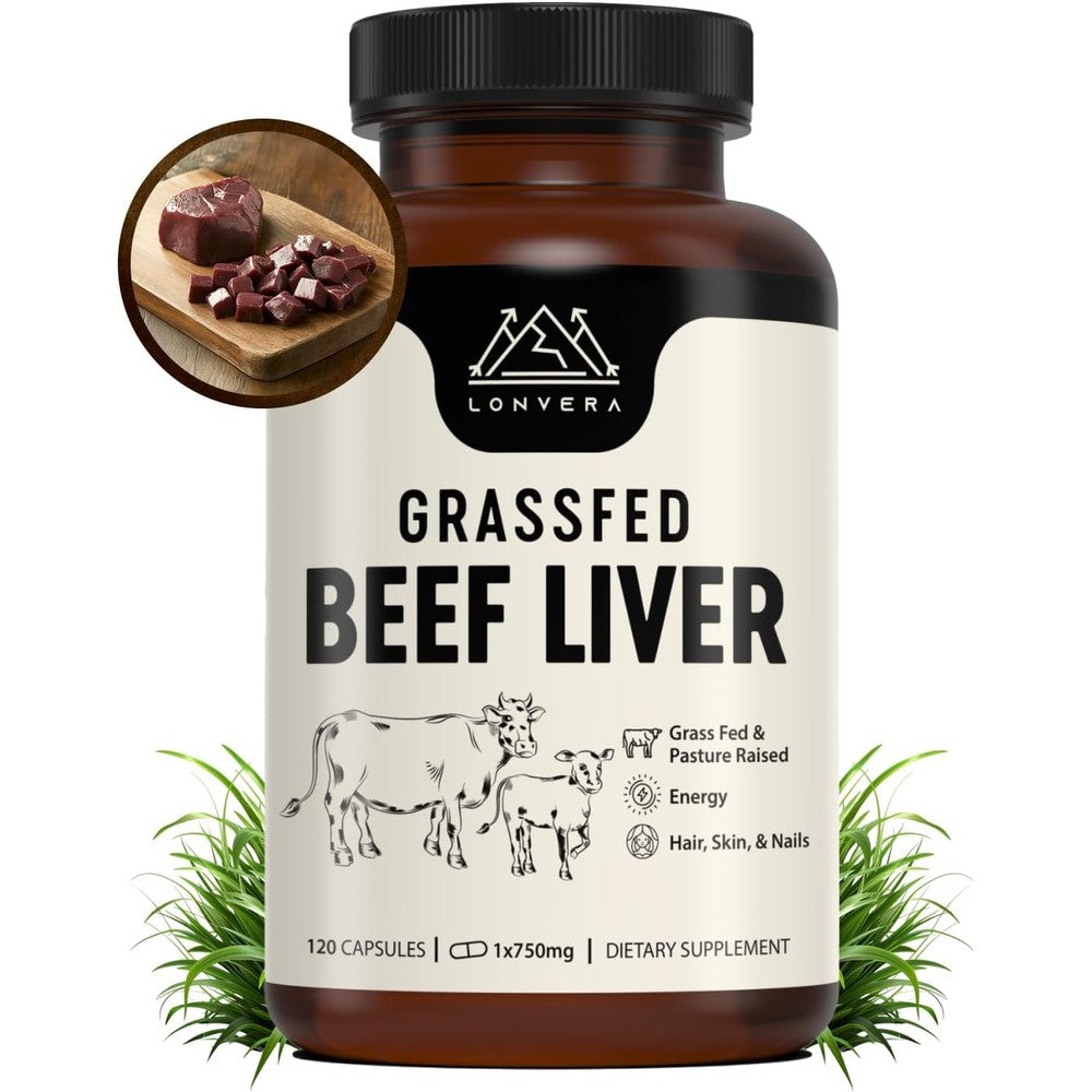 Lonvera Grass Fed Beef Liver Capsules 120 count bottle front view