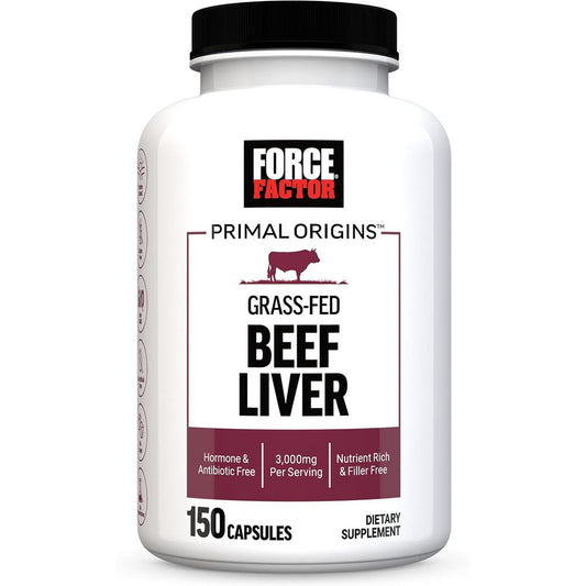 Force Factor Primal Origins Grass Fed Beef Liver 150 Capsules front bottle view