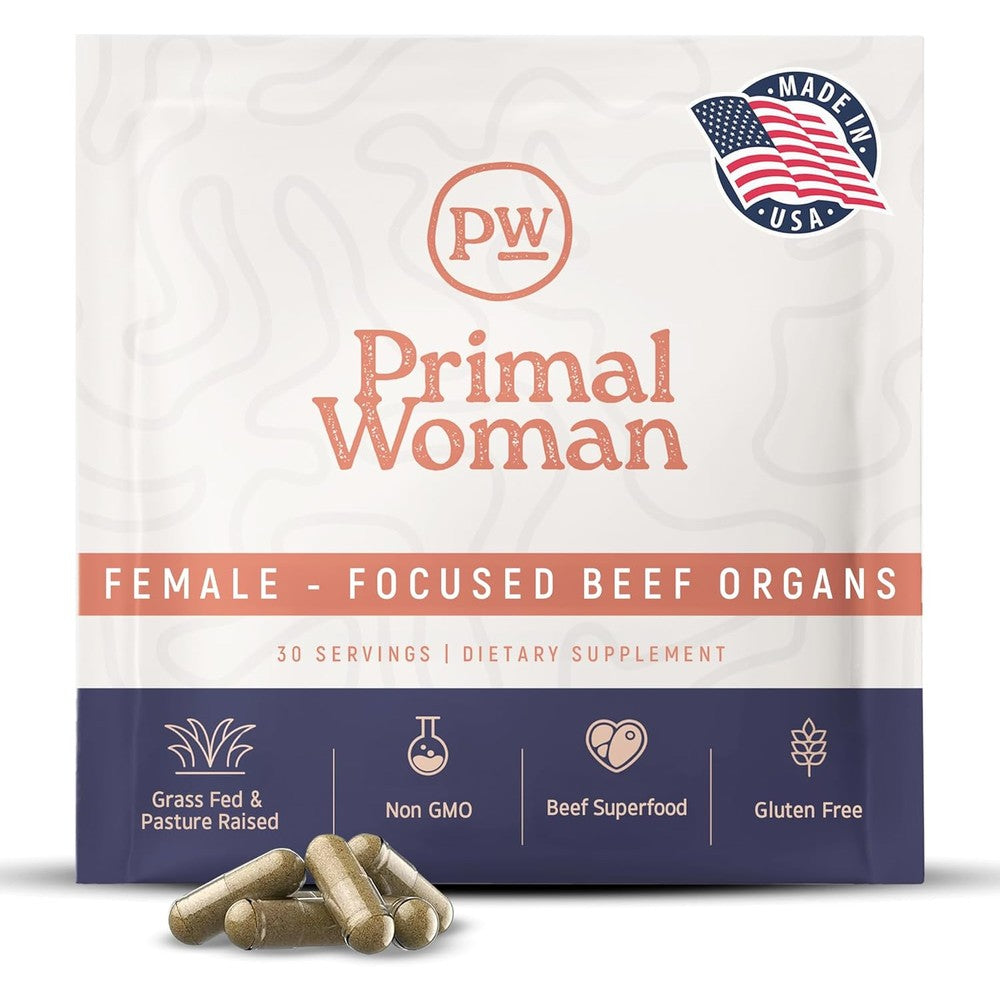 Primal Woman Grass Fed Beef Organ 60 Capsules front view bottle representing authentic women wellness supplements