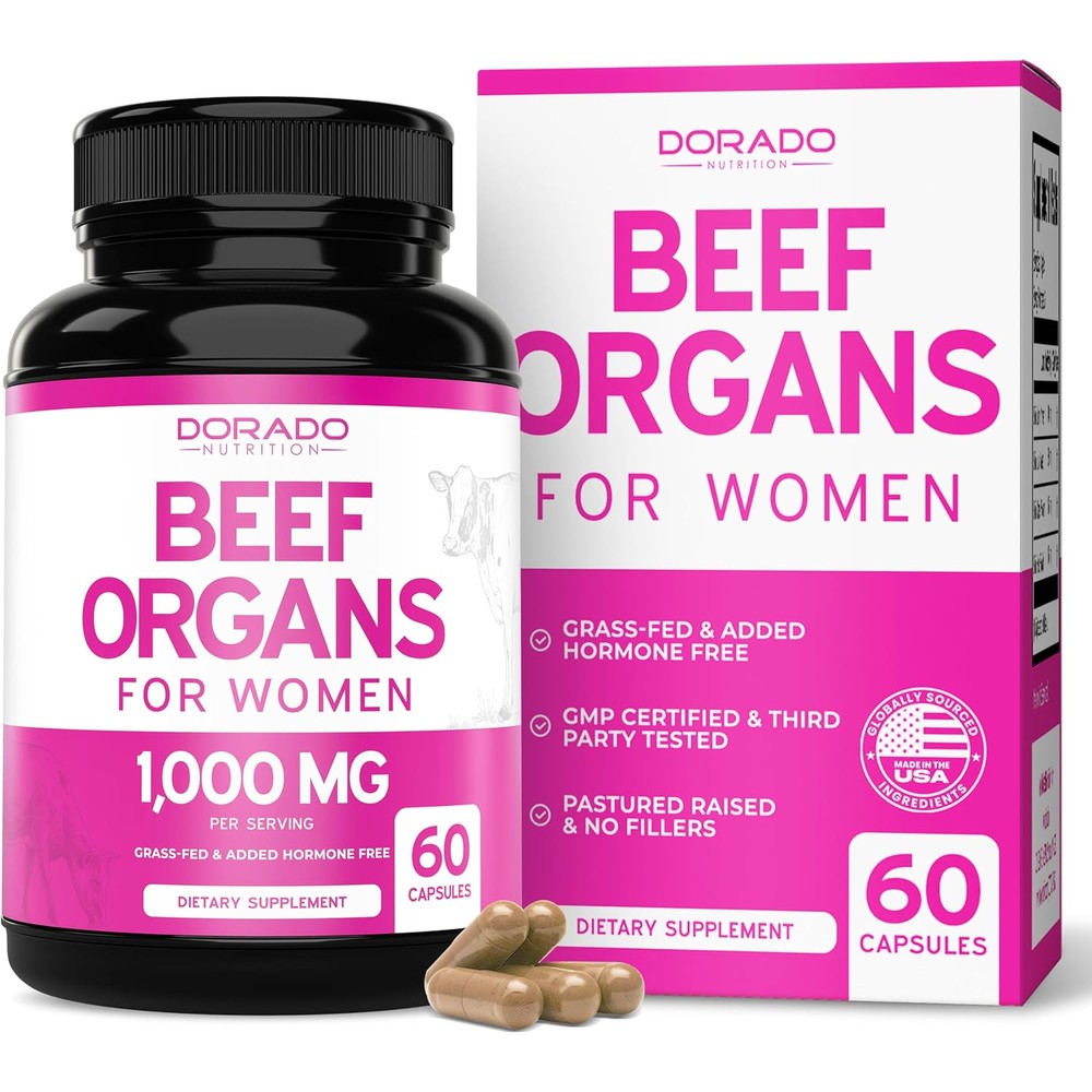 Dorado Nutrition Women's Grass Fed Beef Organ Complex 60 capsules front packaging view showing pink and white label.