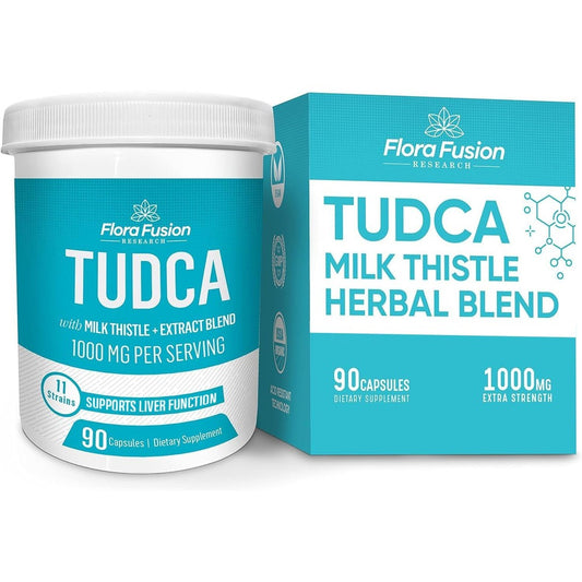Flora Fusion Research Dr Millers TUDCA with Milk Thistle 1000mg 90 capsules front view bottle showing liver support formula