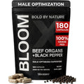 Bloomeo Beef Organ Supplement front view showing black pouch packaging and key highlights