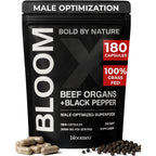 Bloomeo Beef Organ Supplement front view showing black pouch packaging and key highlights