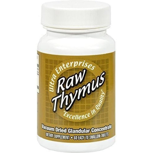 Ultra Glandulars Raw Thymus 200mg tablets front bottle view showing golden label immune support dietary supplement