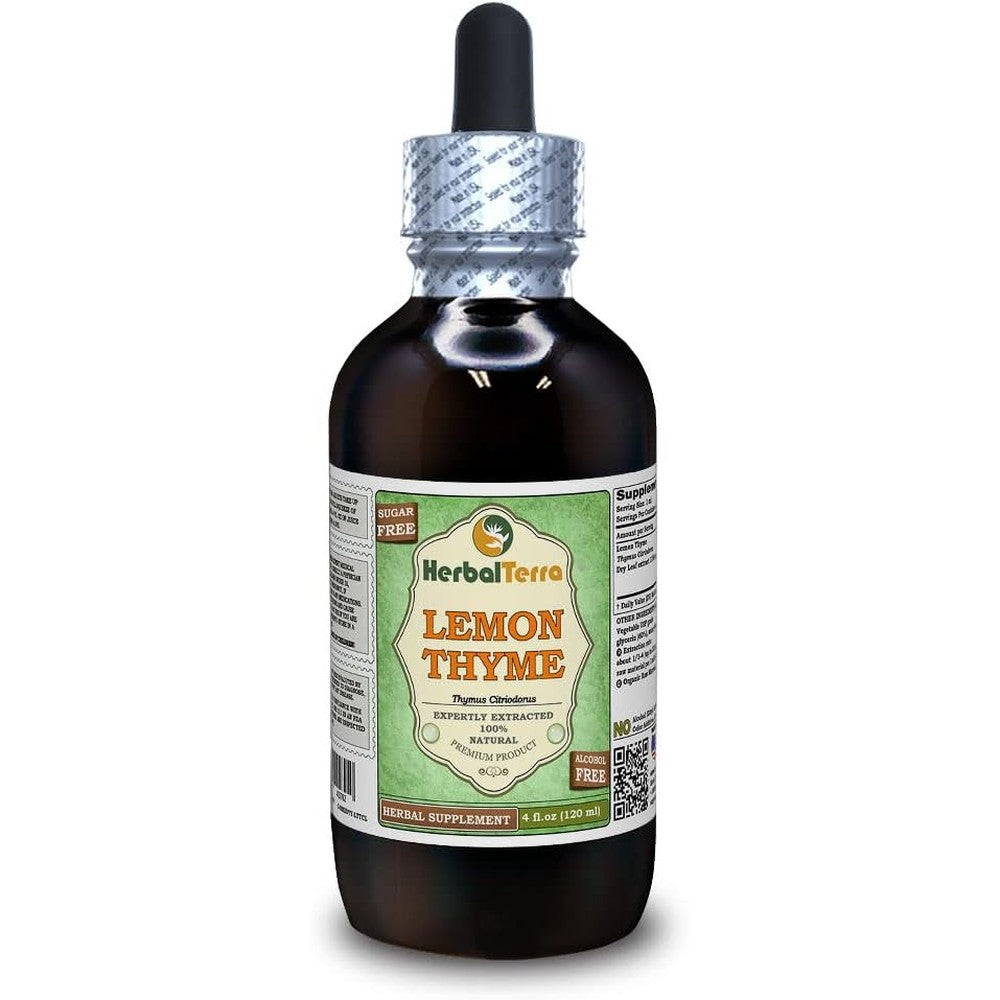 Herbal Terra LLC Lemon Thyme Glycerite 4 Ounce bottle front view showing the liquid supplement dropper.