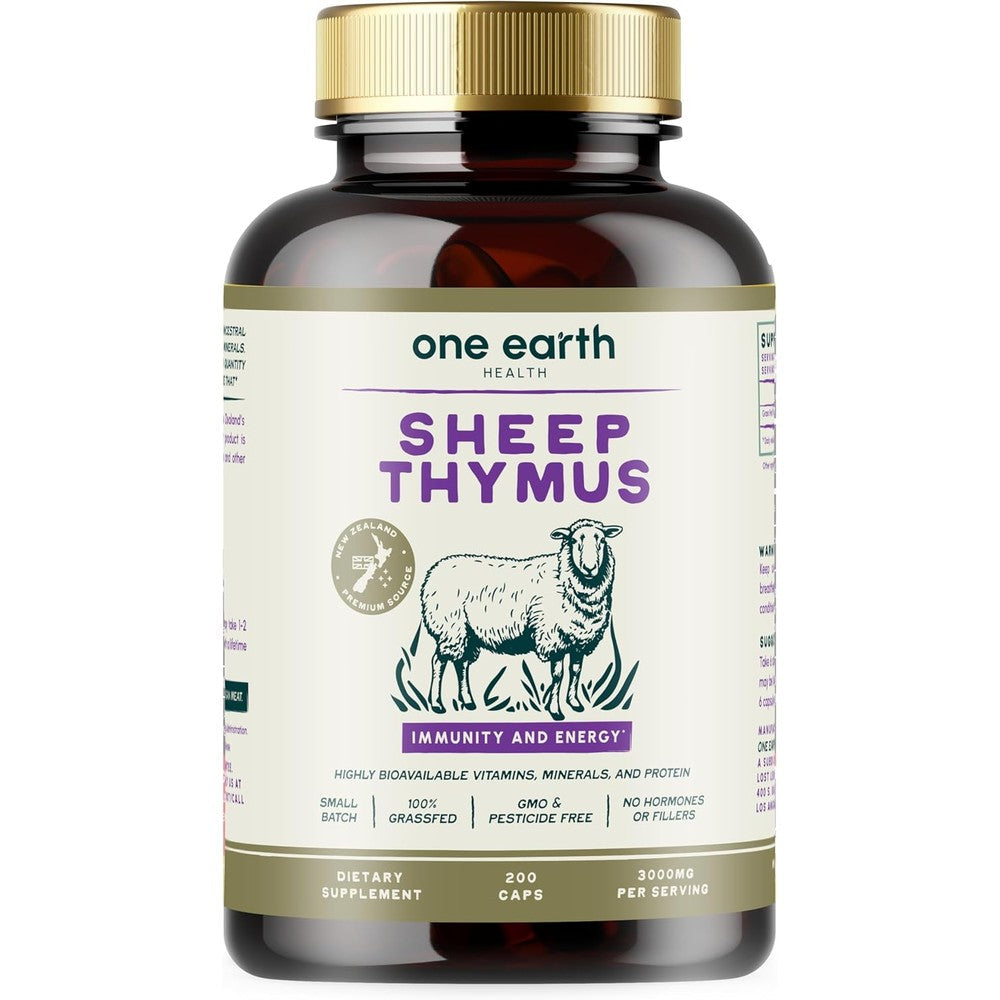 One Earth Health Grass Fed Thymus Glandular supplement front view showing 3000 milligrams immune support text.